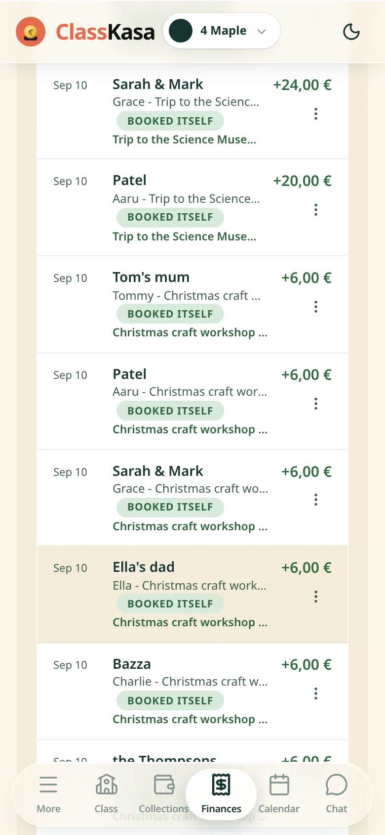 Bank transfers in ClassKasa: row after row, the family name, the booked itself label and the amount