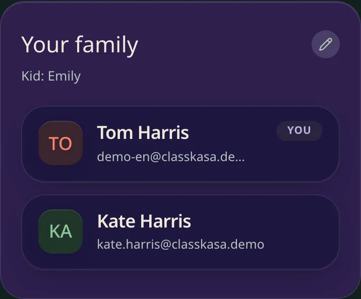 The "Your family" card in the parent view, listing both grown-ups on the family and the child