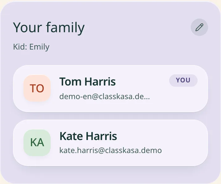 The "Your family" card in the parent view, listing both grown-ups on the family and the child