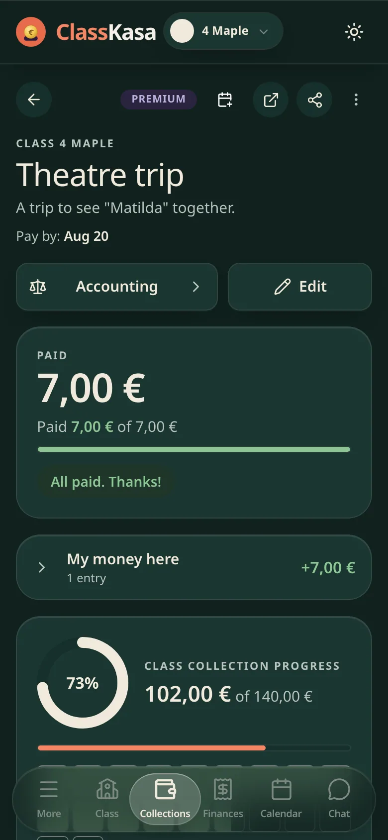 A class trip collection in ClassKasa: the due date, how much this family has paid, the class progress