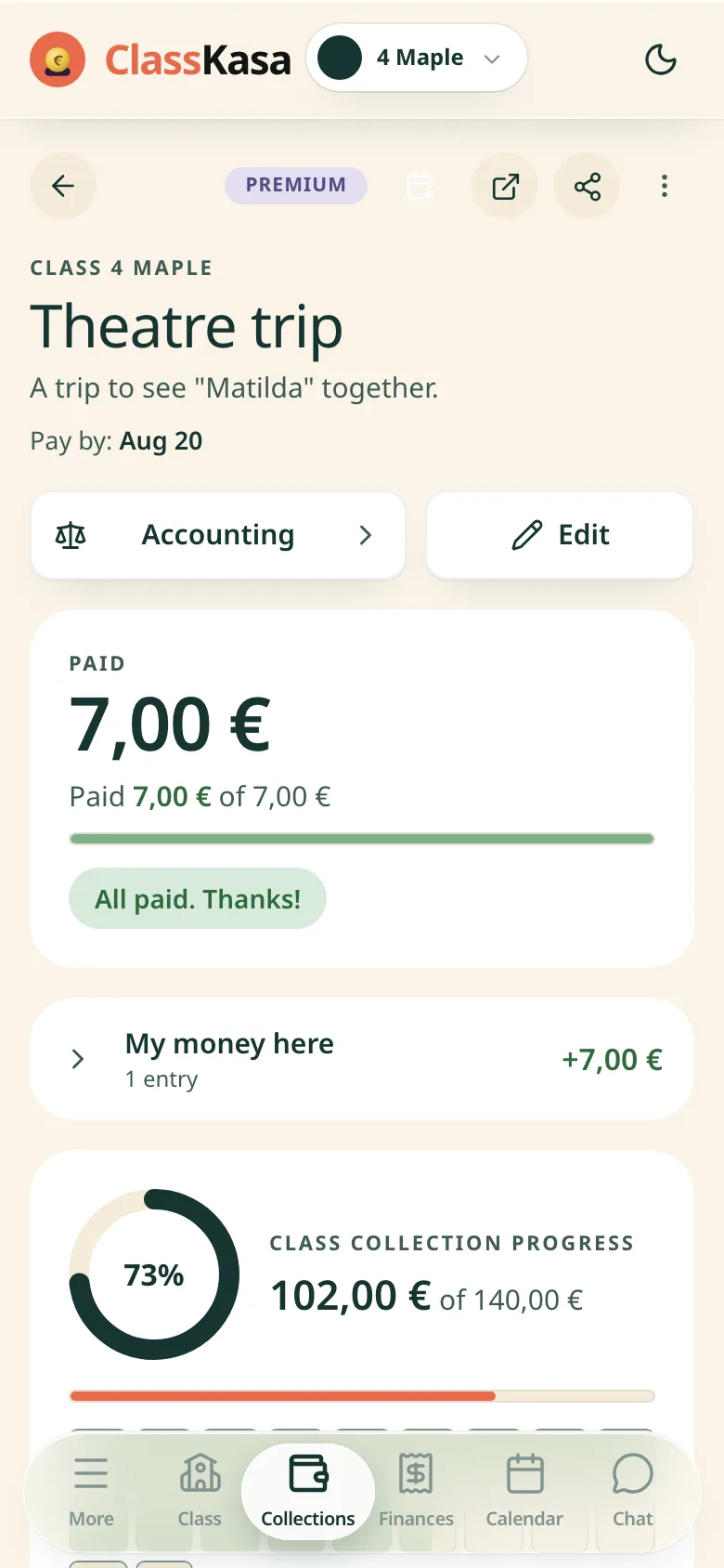 A class trip collection in ClassKasa: the due date, how much this family has paid, the class progress