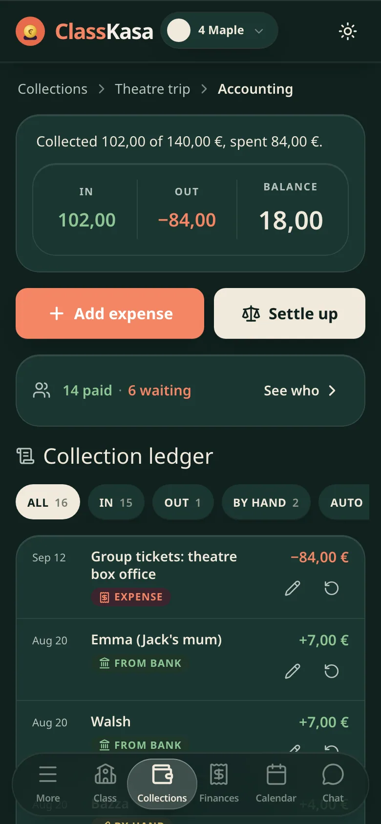 A class collection settlement in ClassKasa: collected, spent, balance and a line-by-line ledger