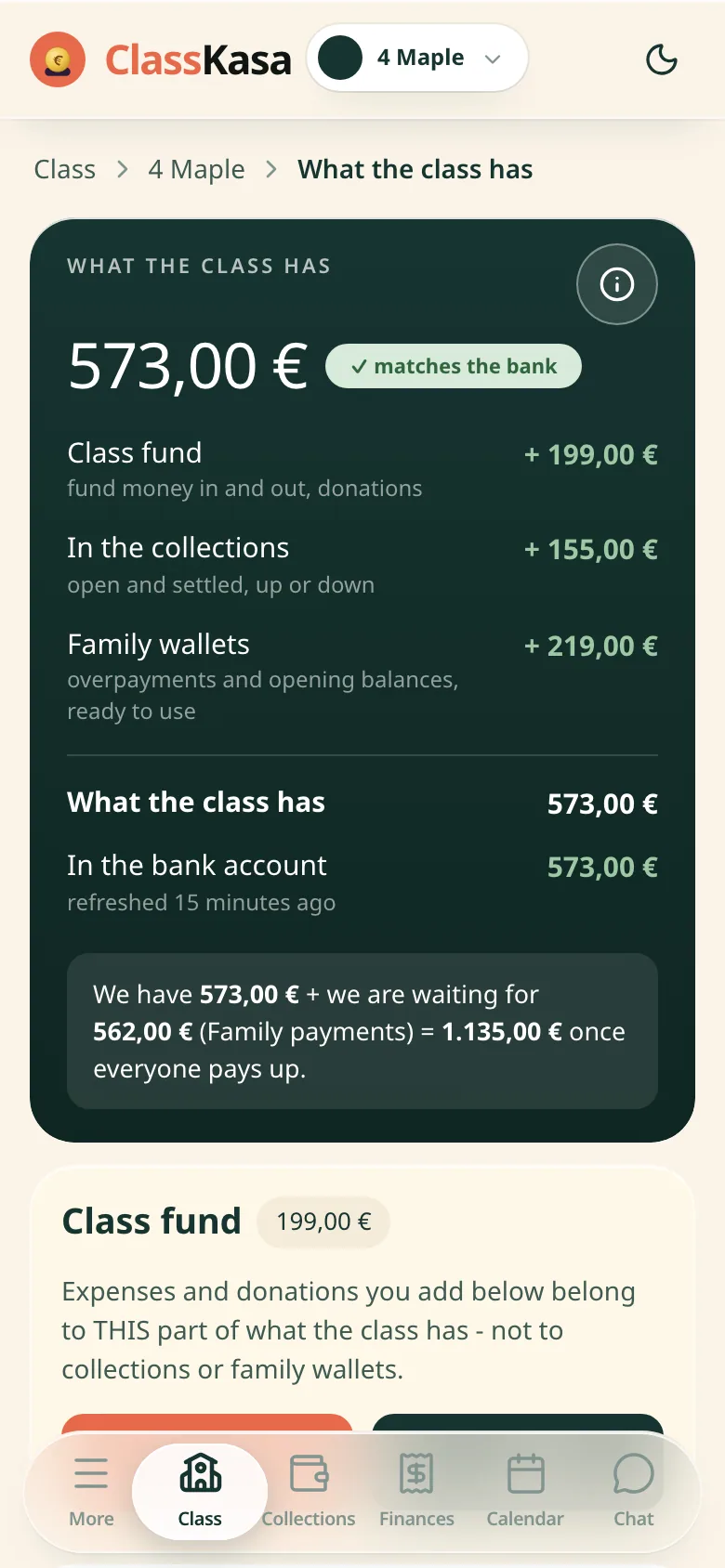The class money in ClassKasa: the class wealth split into the fund, collection balances and family wallets, matched to the bank